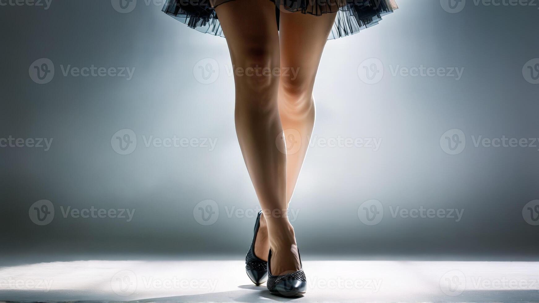 Active model Asian descent stylish pleated shorts fishnet tights ballet flats motion blur vibrant hero photo
