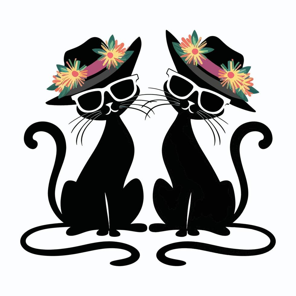 Two black cats are wearing hats and sunglass. vector