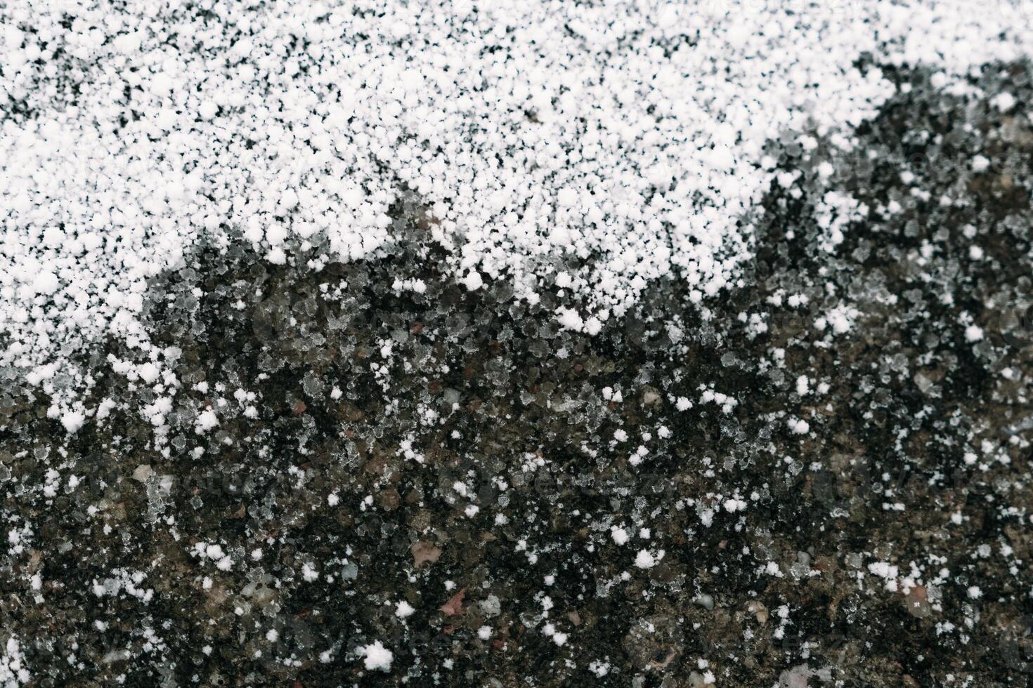 Selective focus. First snow on a frozen field plants, late autumn close-up. Beautiful abstract frozen microcosmos pattern. Freezing weather frost action in nature. Floral backdrop. photo