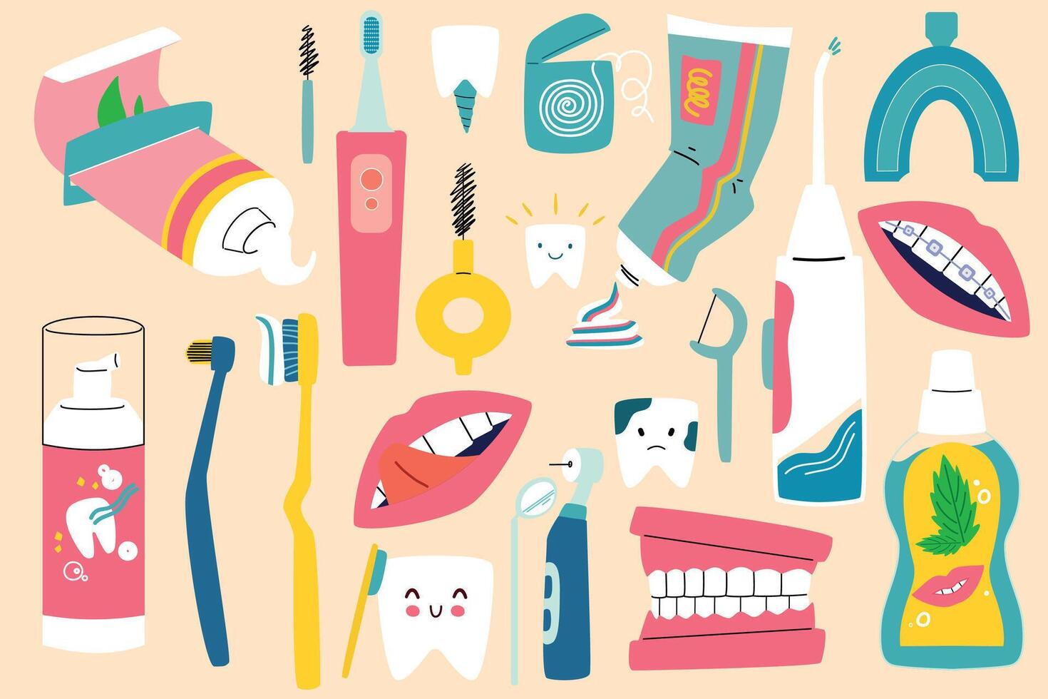 A set of elements dental tools. Dental care and tooth health. vector