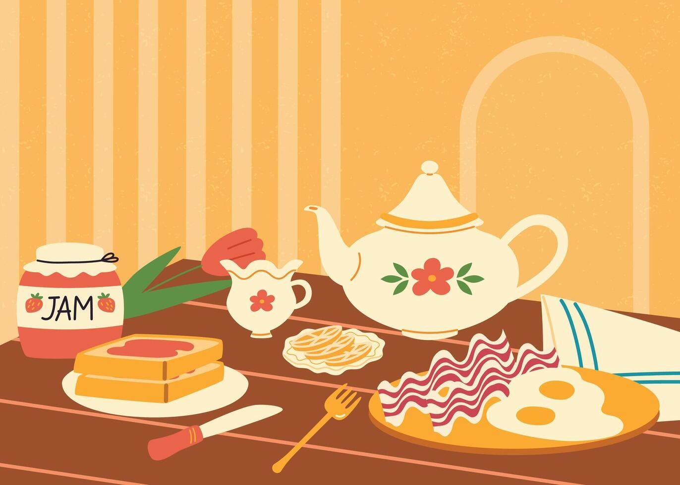 Illustration of english breakfast. Fried egg and bacon, jam and toasts. vector