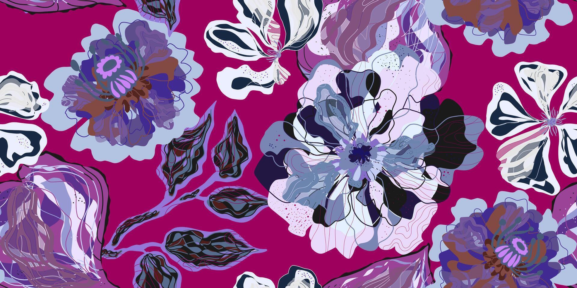 a purple and black floral pattern on a pink background vector