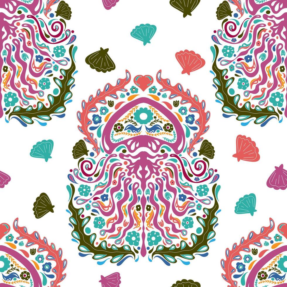 seamless pattern with colorful octopus and shells vector