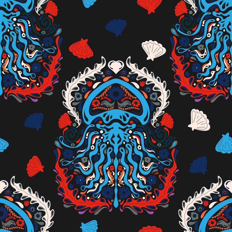 a pattern with an octopus and shells on black vector