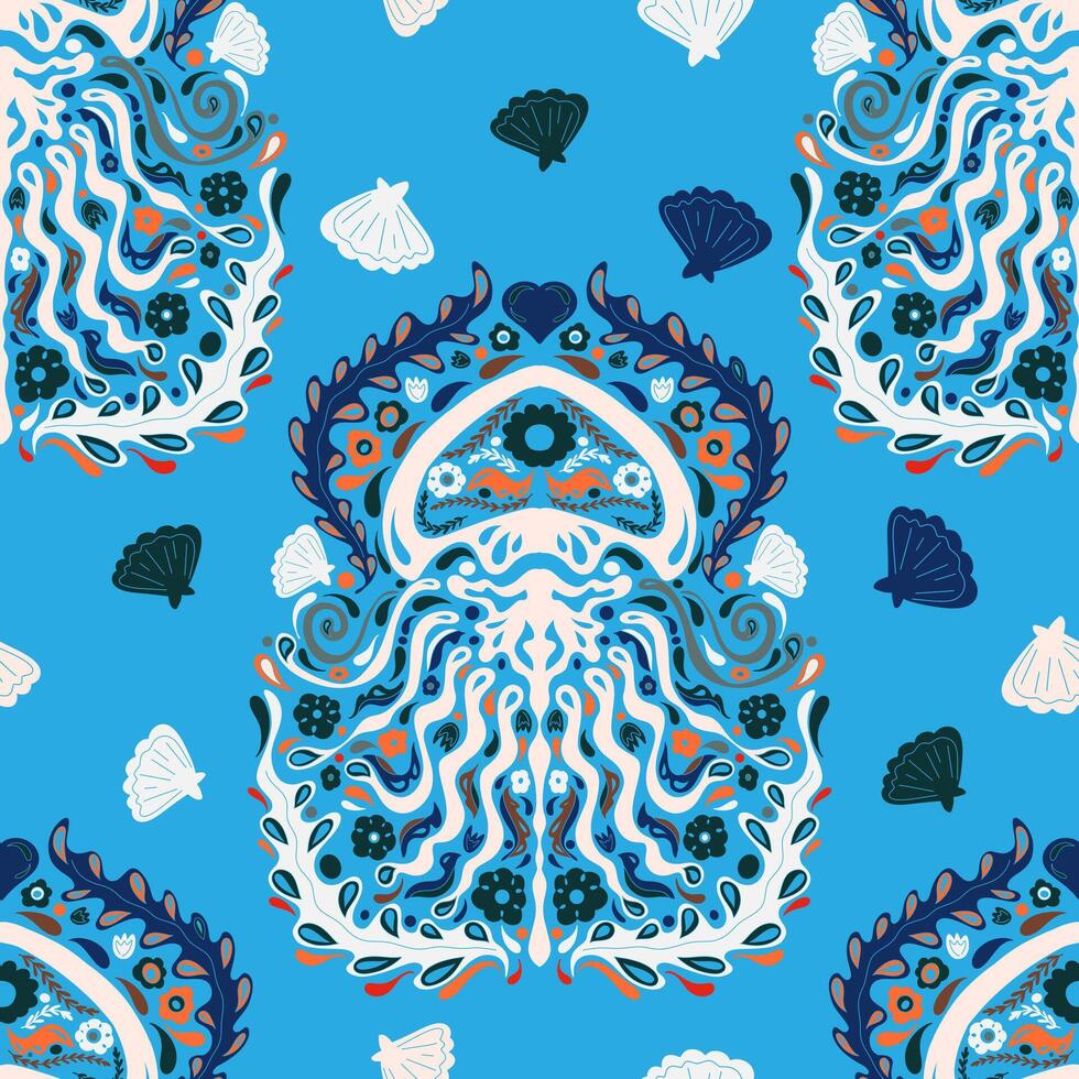 jellyfish folk art ornament stylized ethnic marine elements natural motifs seamless overlapping endless pattern rapport vector