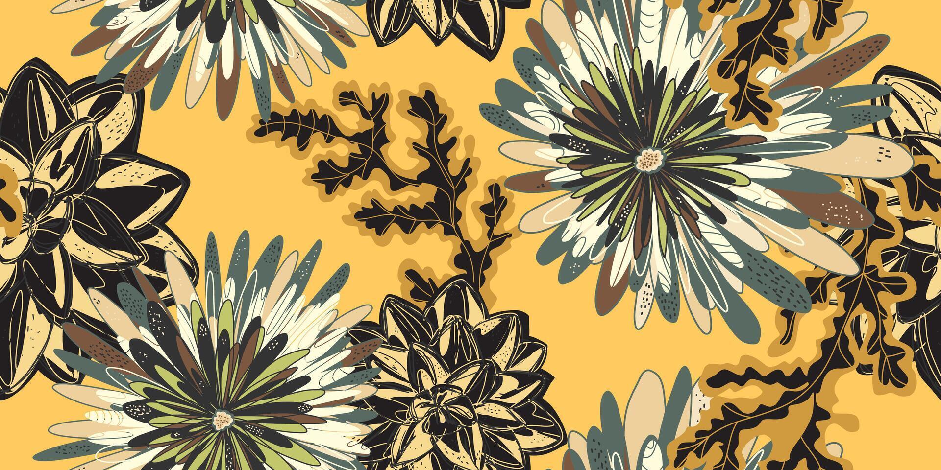 a yellow and black floral pattern on a yellow background vector