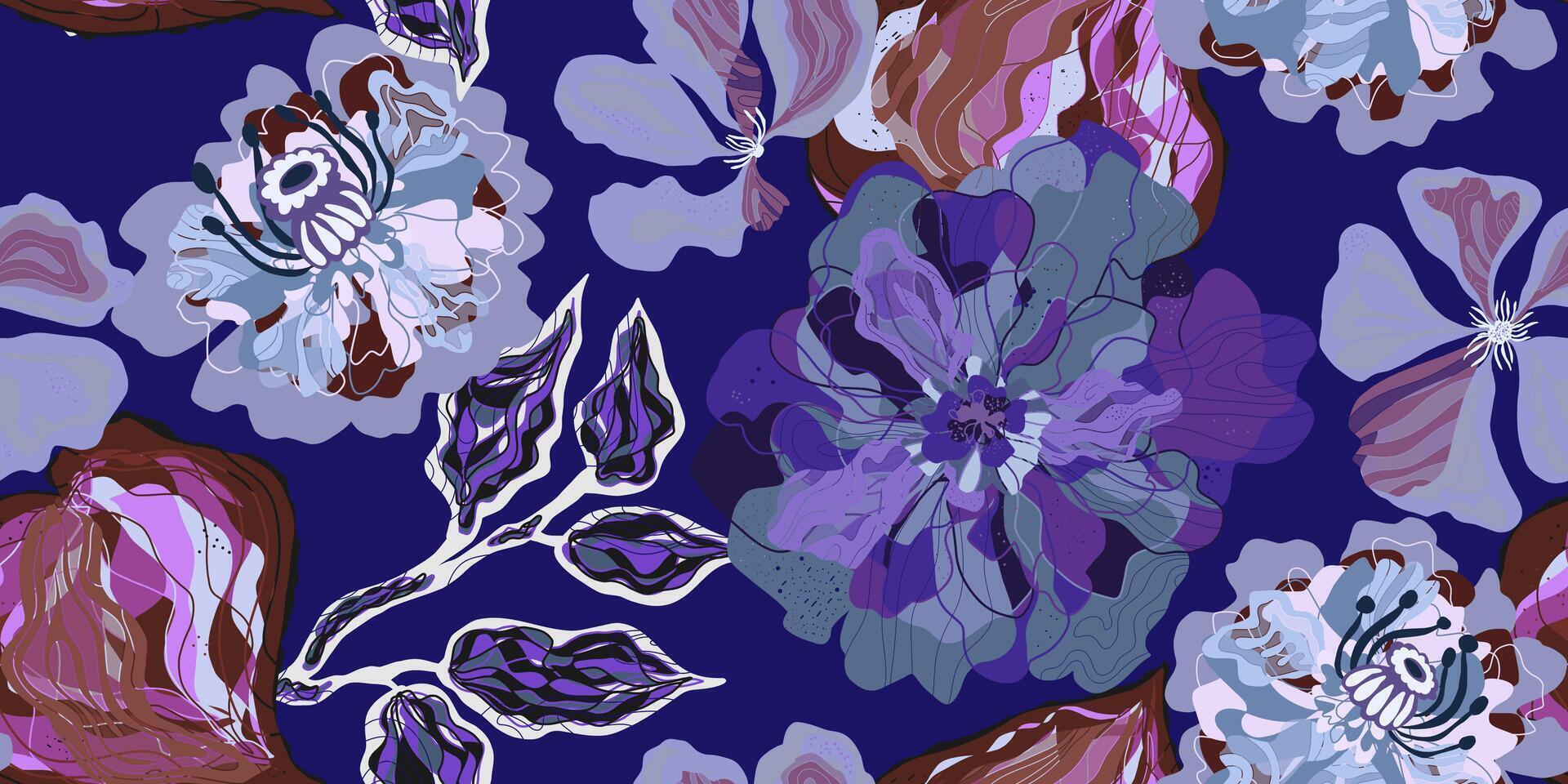 a blue and purple floral pattern on a dark background vector
