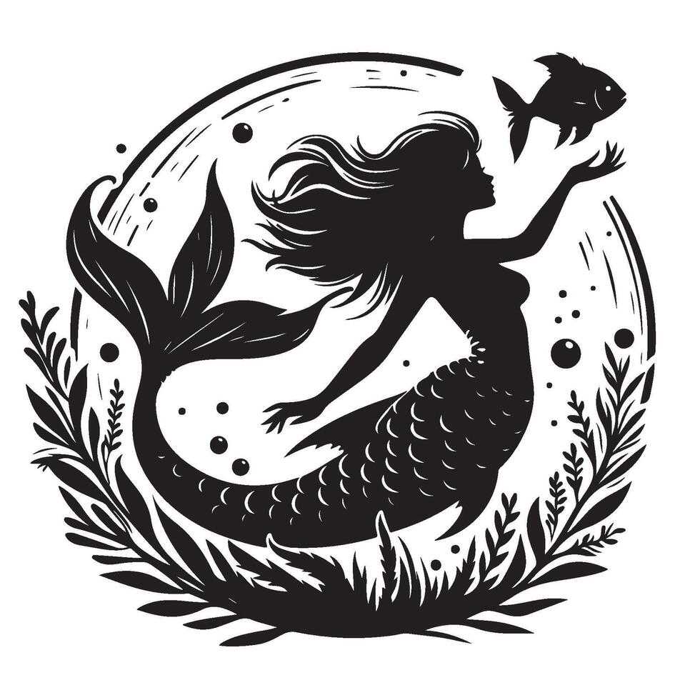 Silhouette of a Mermaid and Fish vector