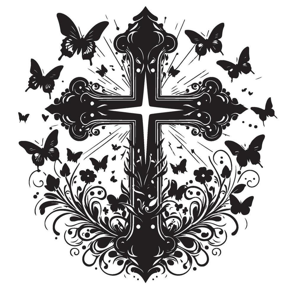 Silhouette of an Enchanted Cross With Butterflies, Black and White Illustration vector