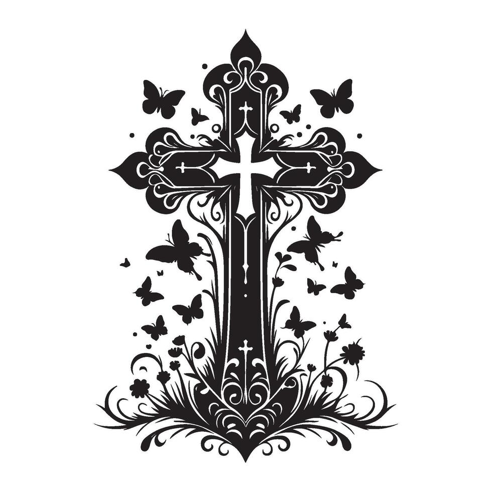 Magical Enchanted Cross With Butterflies, Black and White Silhouette Illustrations vector