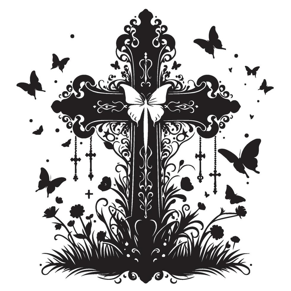 Magical Enchanted Cross With Butterflies, Black and White Silhouette Illustrations vector