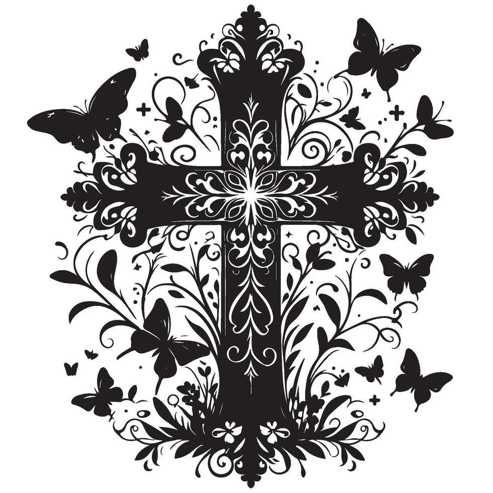 Silhouette of an Enchanted Cross With Butterflies, Black and White Illustration vector