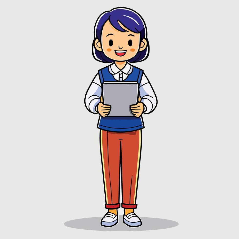cartoon happy smile young businesswoman standing posing using tablet computer vector