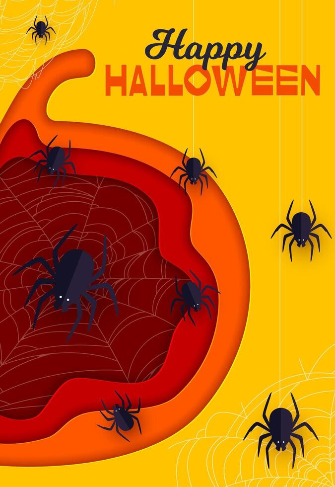 Halloween paper cut spiders and cobweb on pumpkin vector