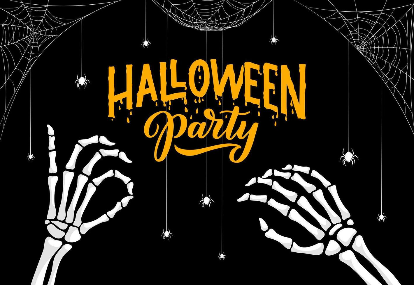 Halloween party banner skeleton hands, spiders vector
