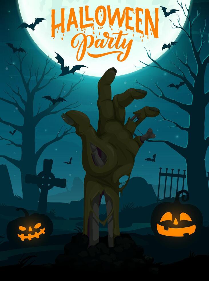 Halloween party banner, zombie hand on cemetery vector