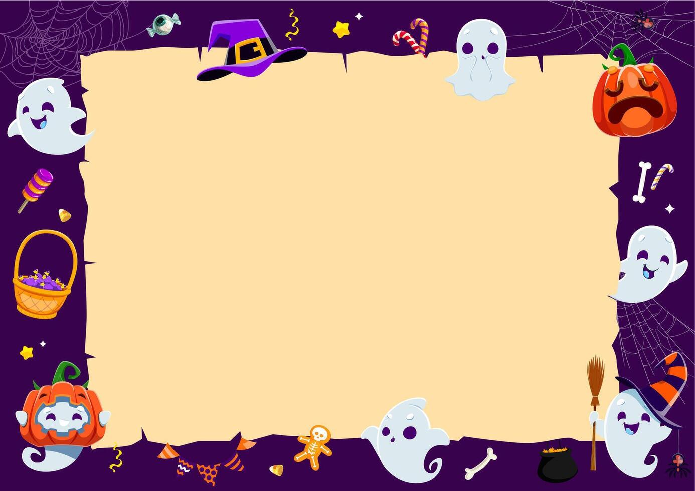 Halloween cute kawaii ghosts and manuscript scroll vector