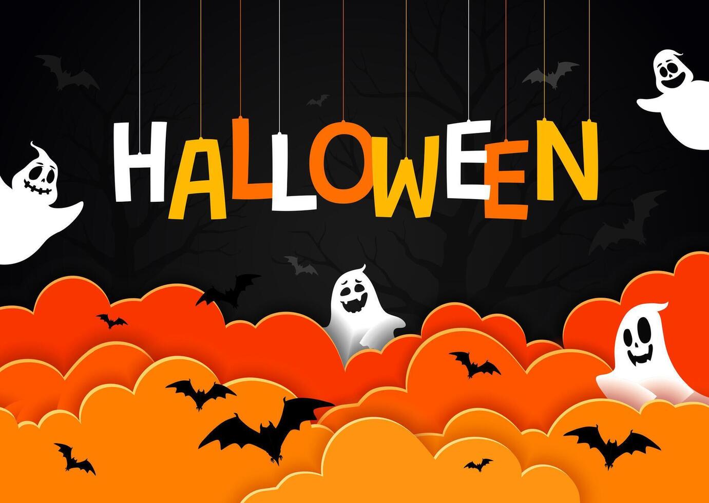 Halloween paper cut banner with letters and ghosts vector