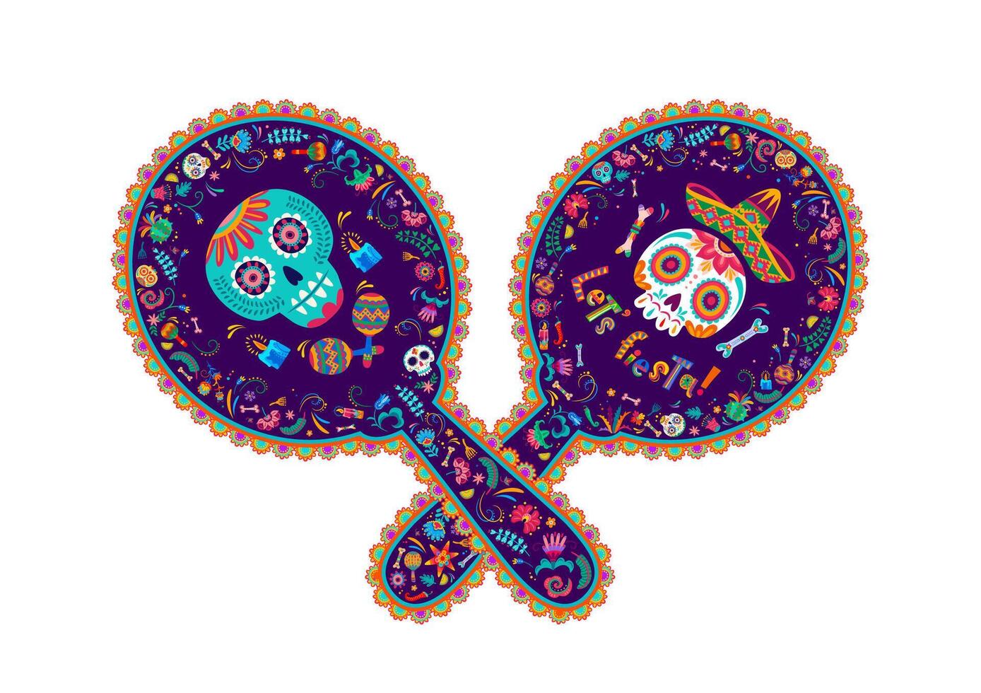 Mexican maracas with calavera skulls and flowers vector