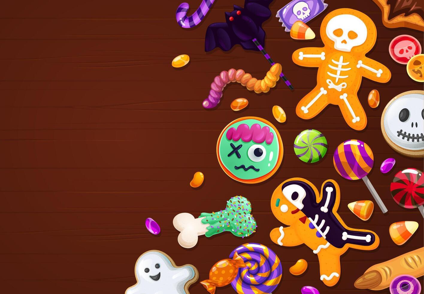 Halloween sweets, candies and cookies background vector