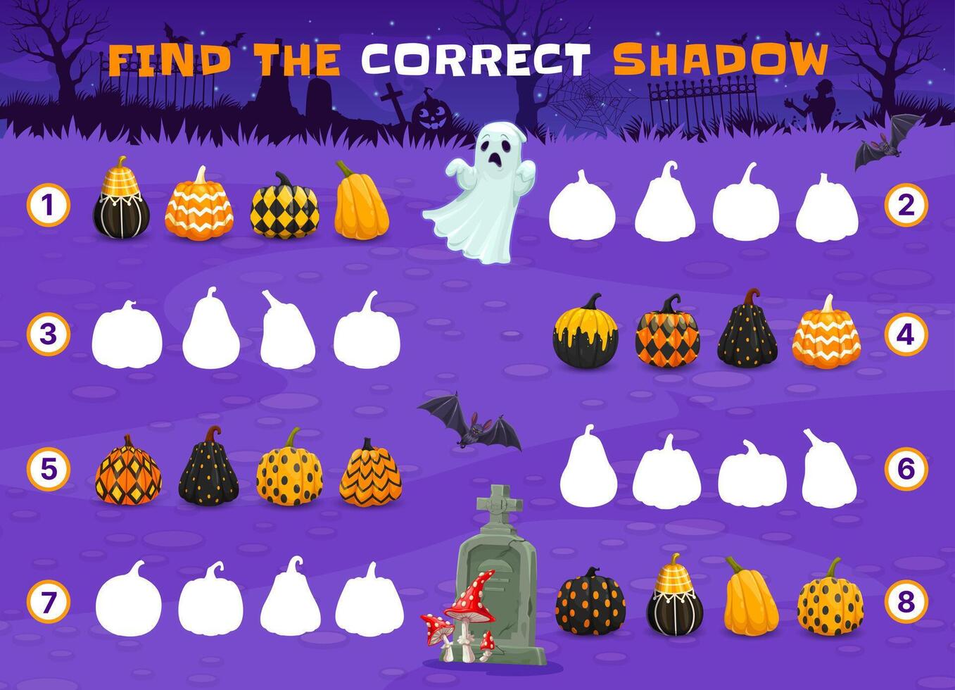 Find the correct shadow of Halloween pumpkins vector