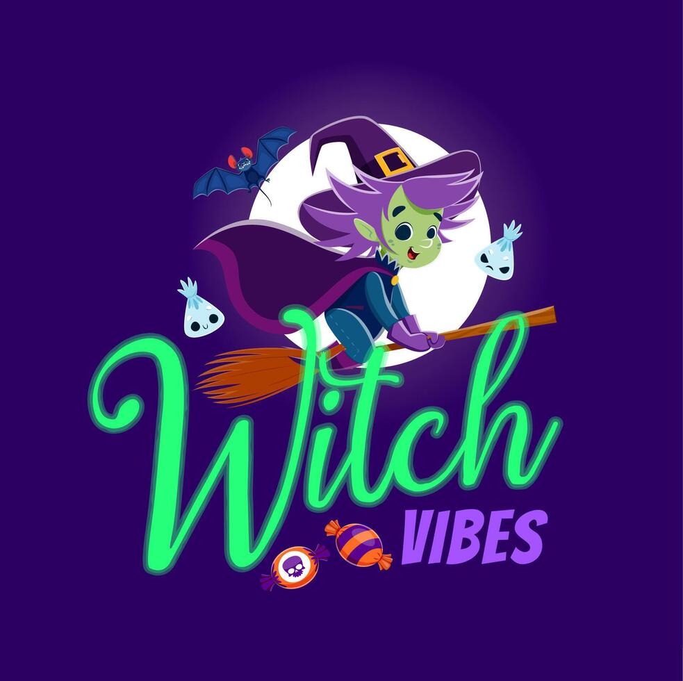 Witch vibes Halloween quote with hag on broom vector