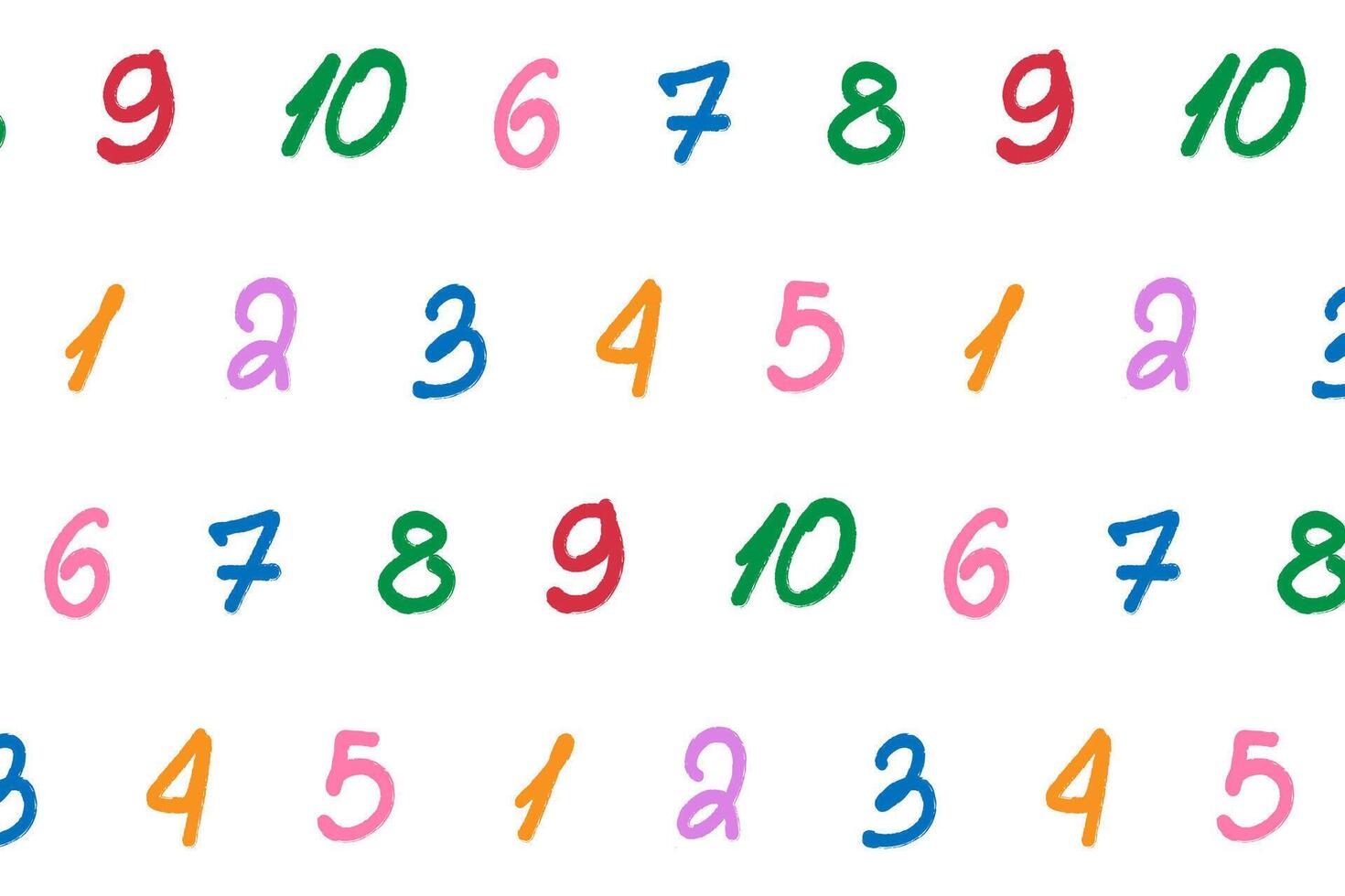 Mathematical bright pattern for children. Colorful numbers for seamless print for kids educational product design. Handwritten red, blue, green numbers on a white background. vector