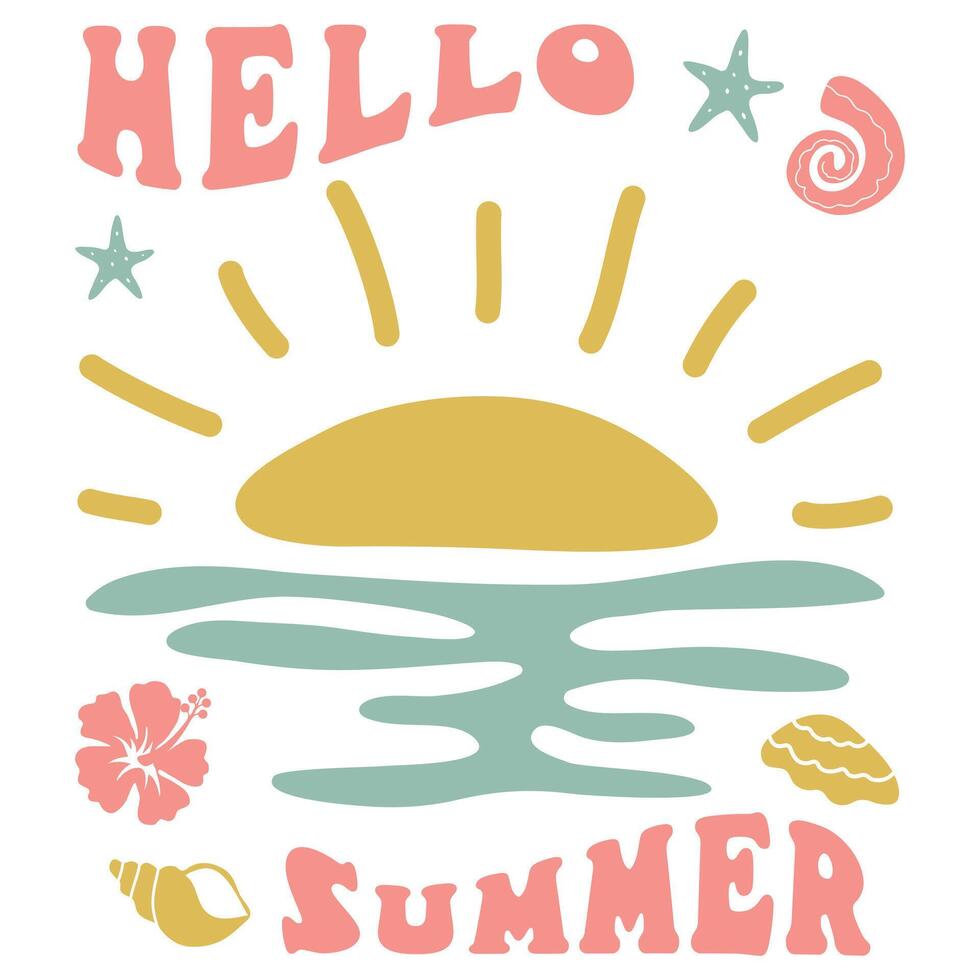 Retro Groovy Surf Club in trendy Boho style. Naive Geometric Summer Palm Tree. Simple background of sun sea. Retro Summer Beach Hand Drawn isolated illustration. Vintage Surf Club. illustration vector