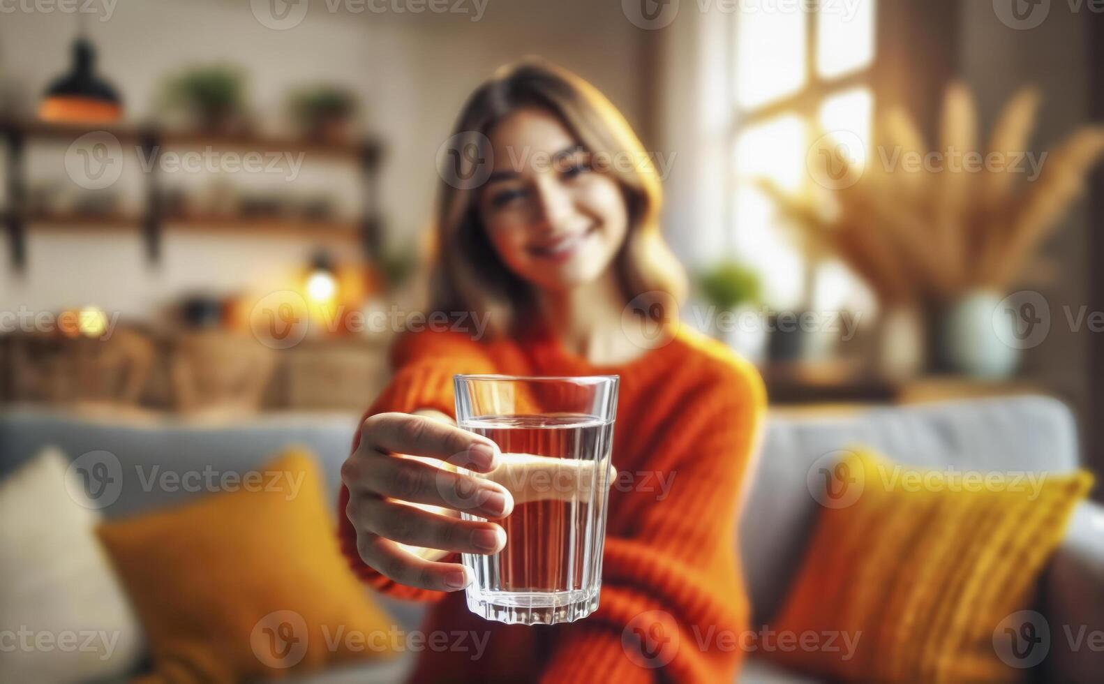 Smiling Woman Holding a Glass of Water at Home photo