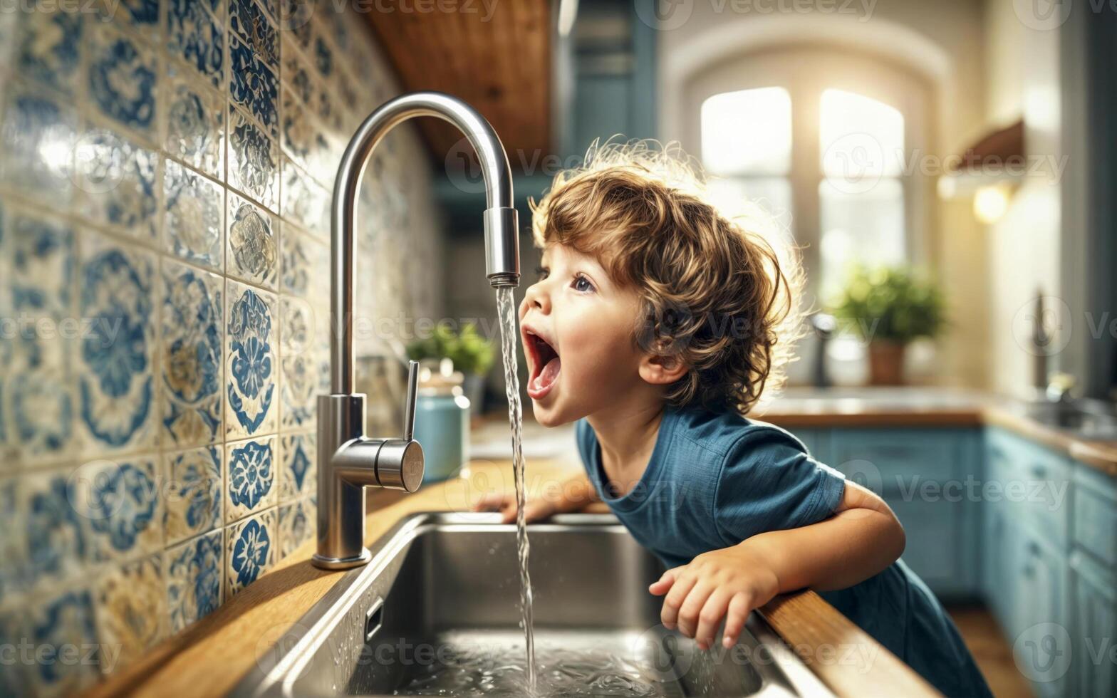 Young Boy Drinking from Kitchen Faucet in Bright Home photo