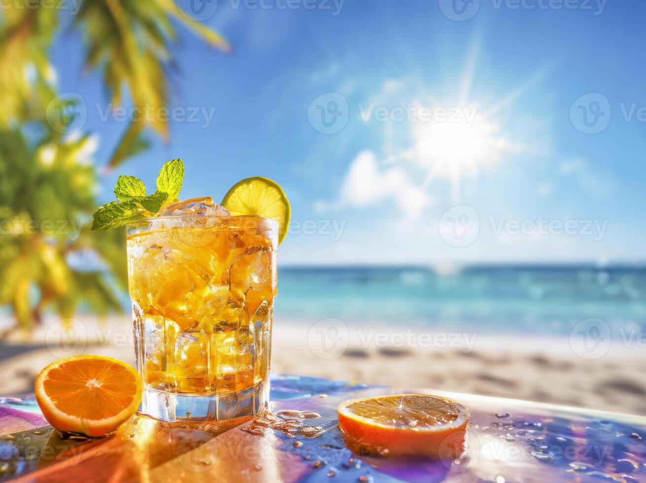 Refreshing Orange Cocktail with Mint on Tropical Beach photo