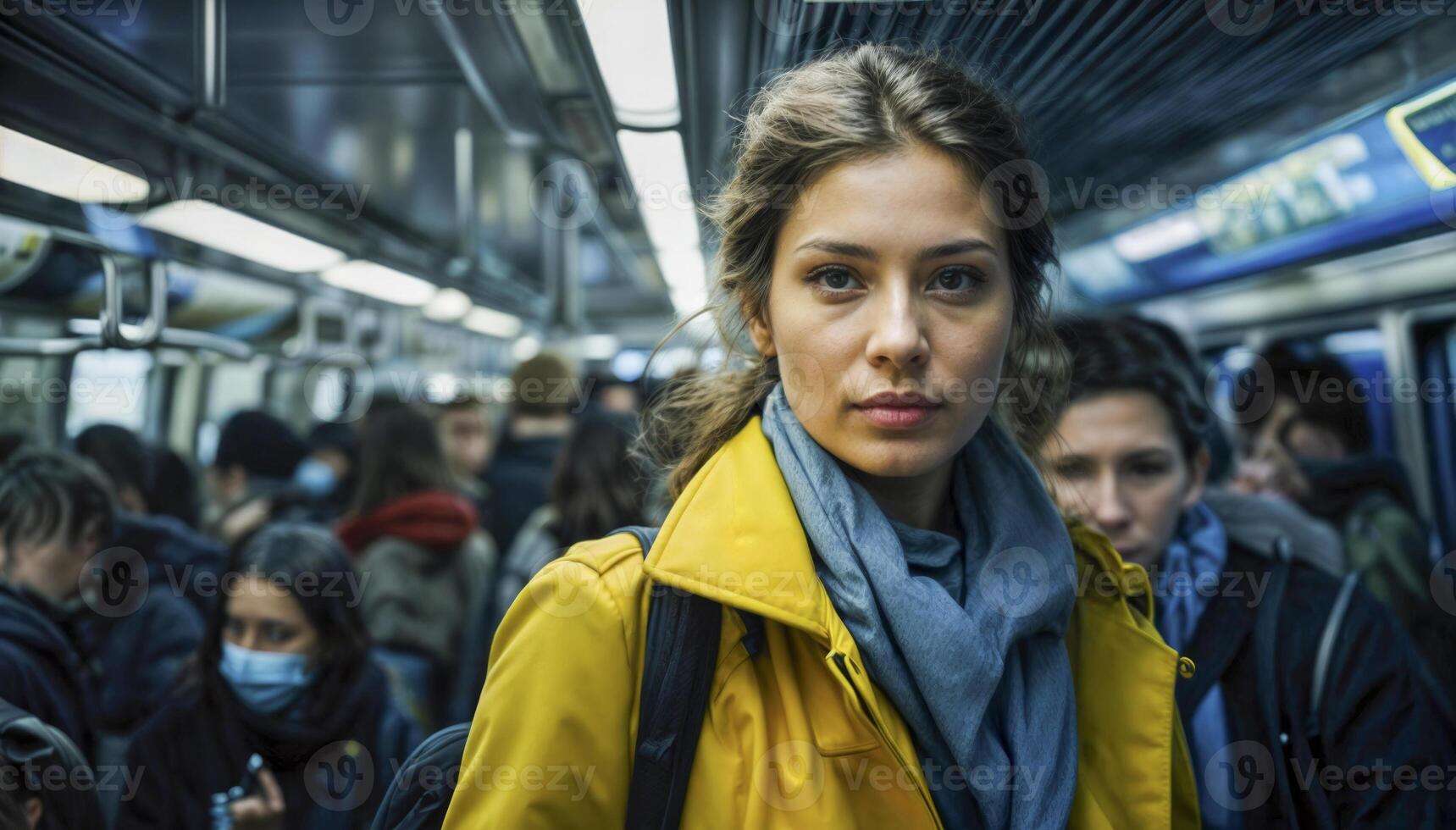 Young Woman in Yellow Coat on Crowded Subway photo
