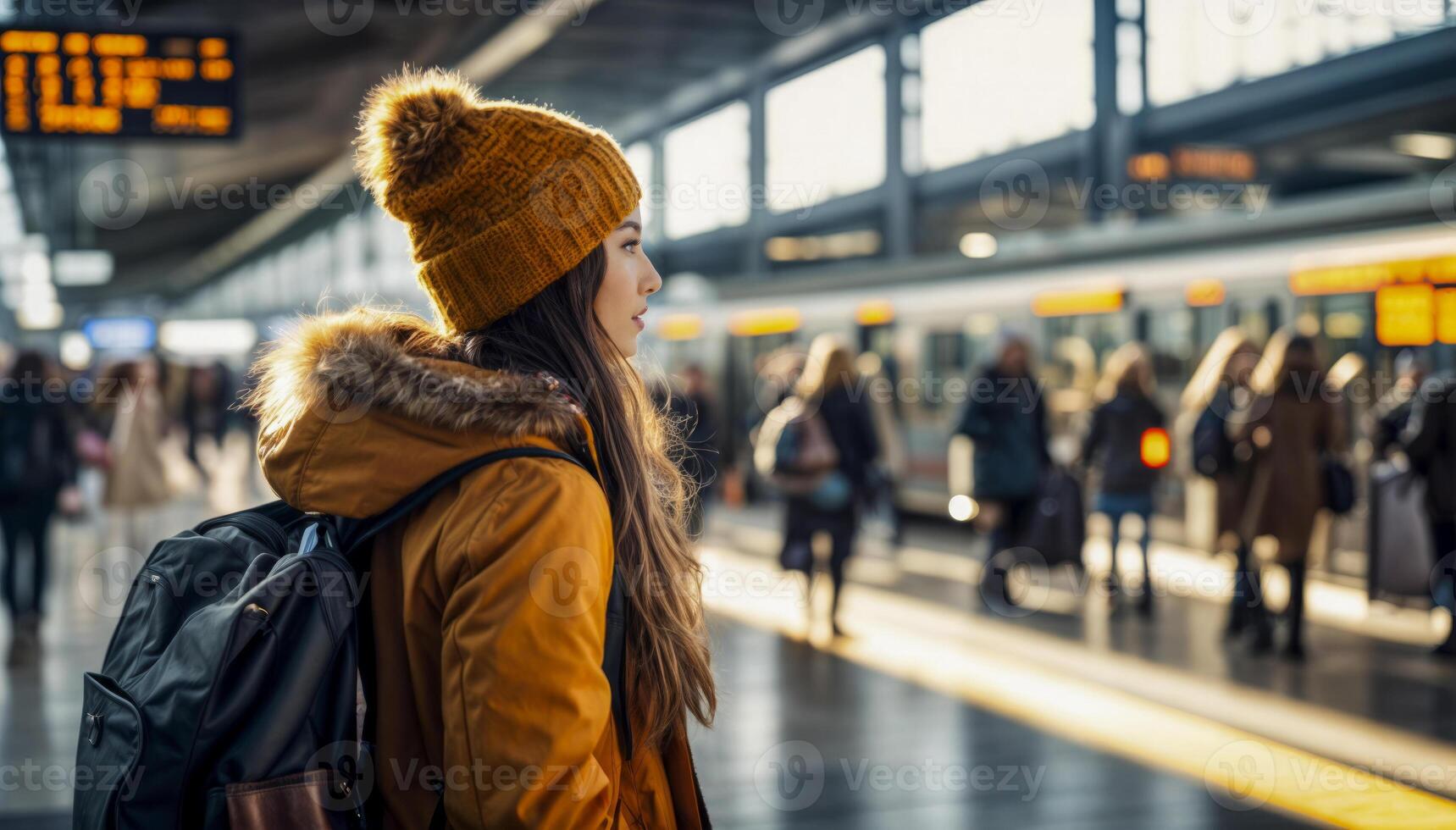 Young Woman in Warm Clothing Waiting at Train Station photo
