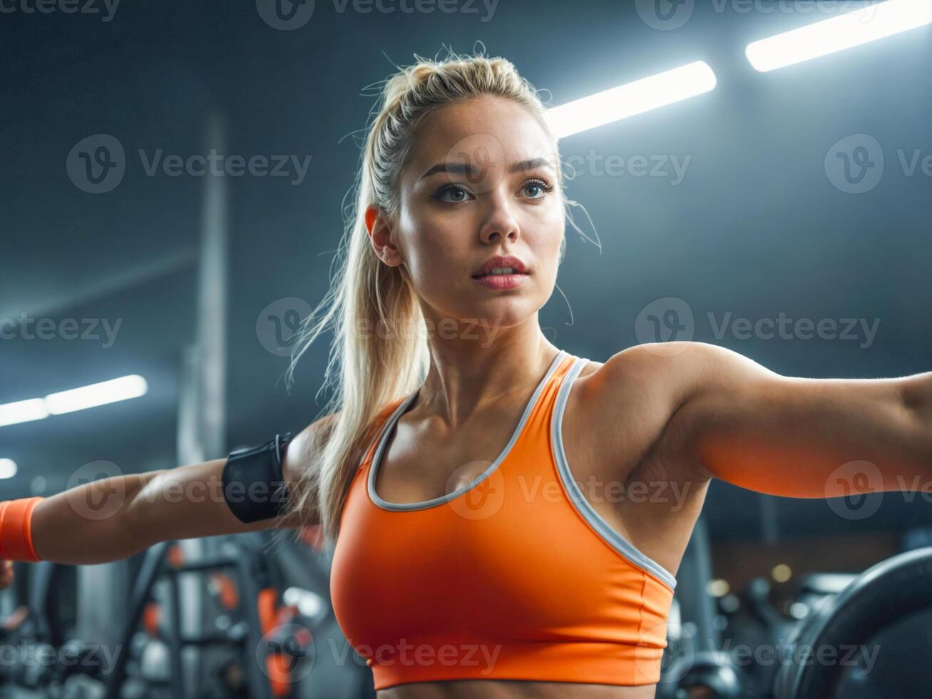 Determined young woman exercising in gym wearing orange sportswear photo