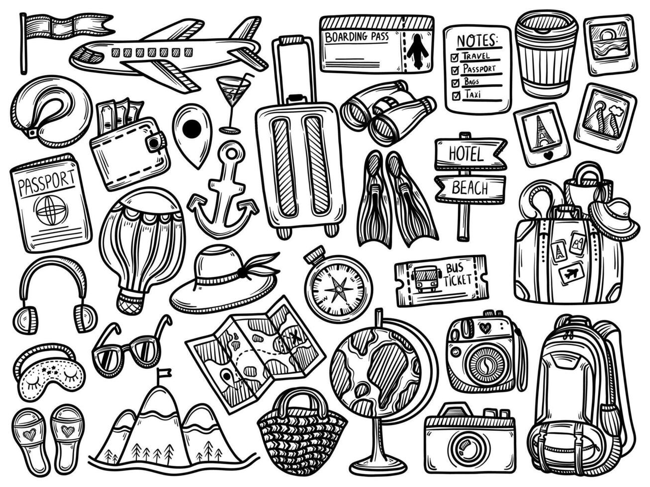 Large set of travel or tourism in sketch style. Line drawing illustration. vector