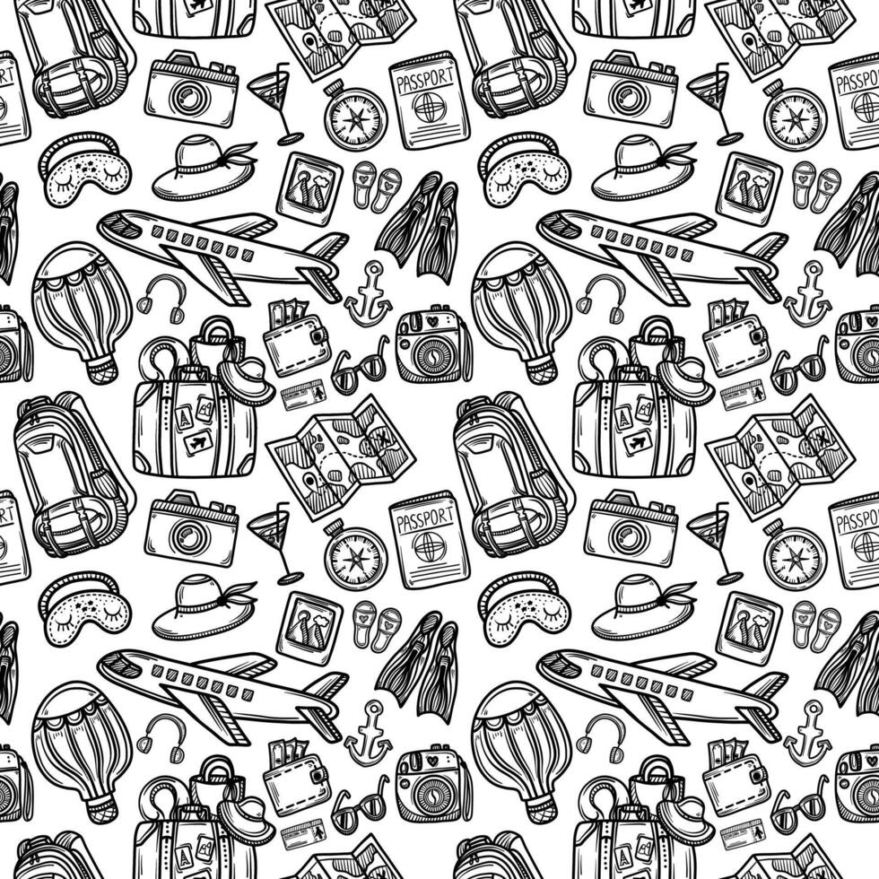Travel themed seamless pattern on white background. Adventure or travel concept in sketch style. Travel concept vector