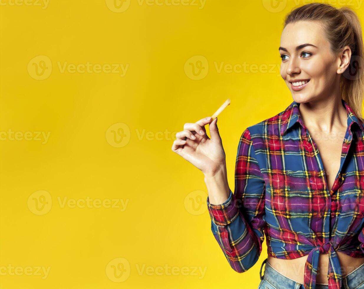 Smiling Young Woman Holding French Fry on Yellow Background photo