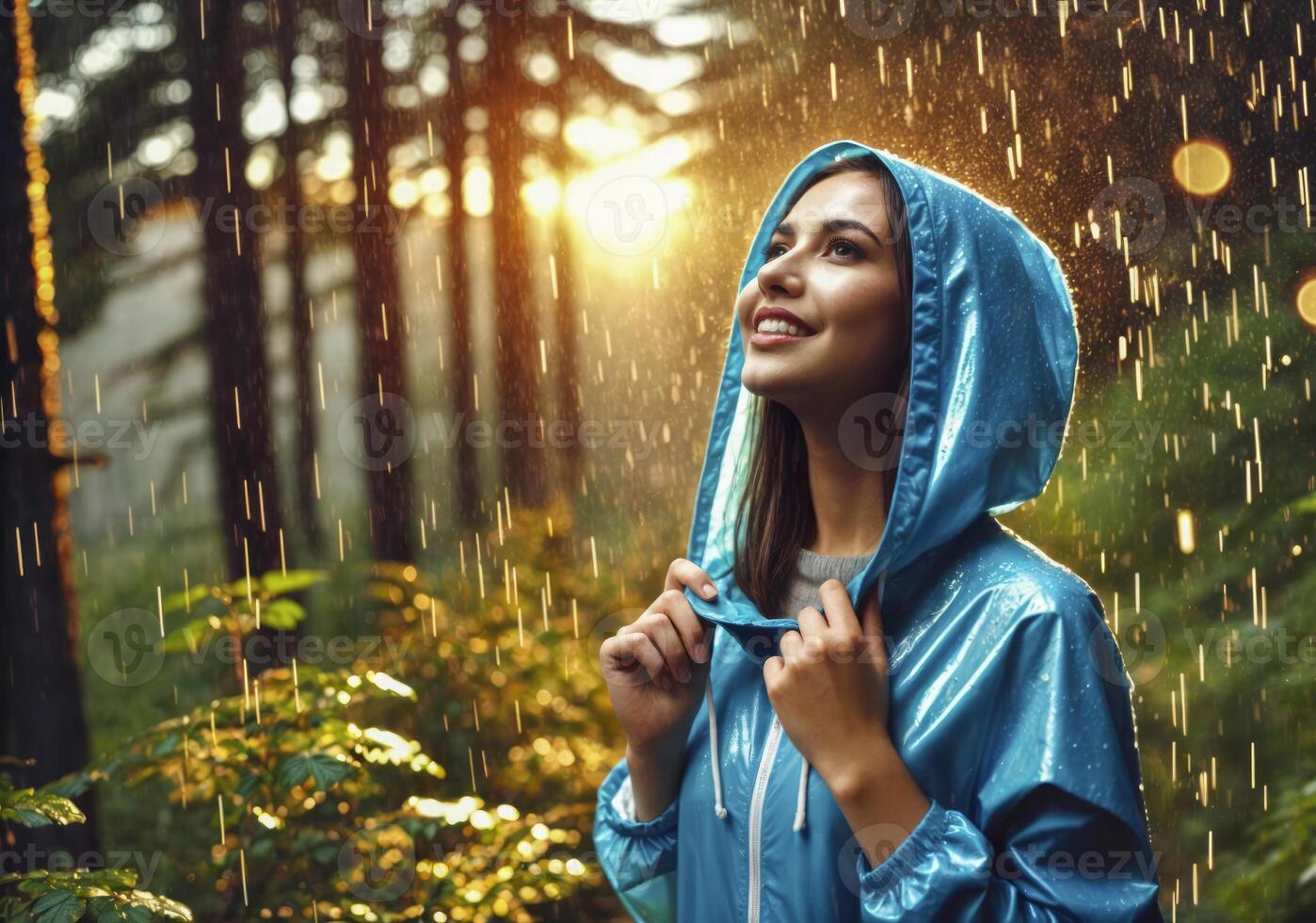 Young Woman in Blue Raincoat Enjoying Rain in Forest photo