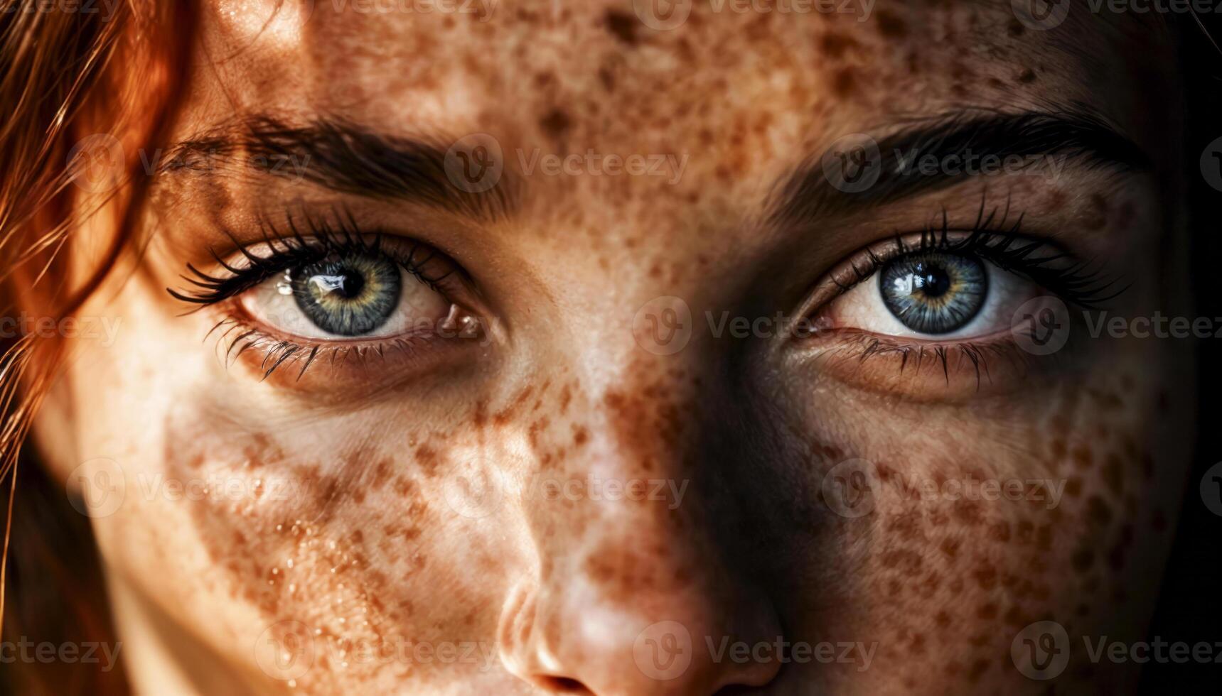 Close-up of woman's blue eyes with freckles photo