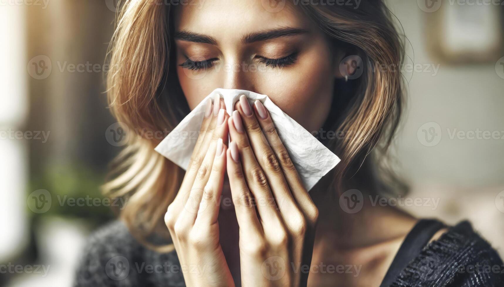 Young Woman Blowing Nose with Tissue Indoors photo