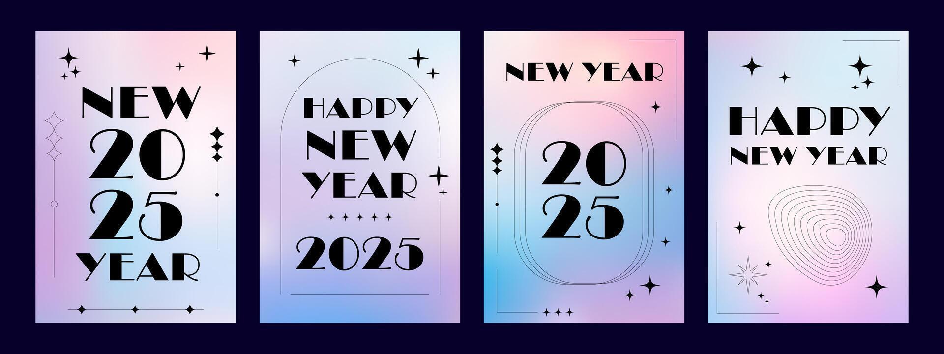 Set of modern minimalist New Year posters with Y2K line geometric shapes. vector