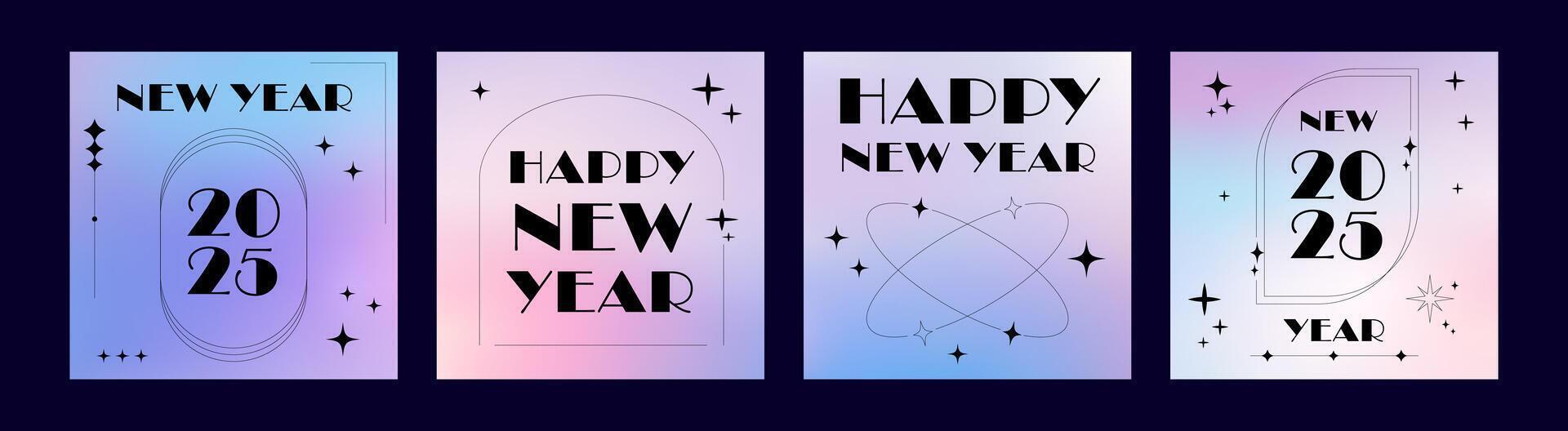 New Year 2025 Square Card Set. Modern Design Post Templates. Aesthetic gradient backgrounds with geometric abstract shapes vector