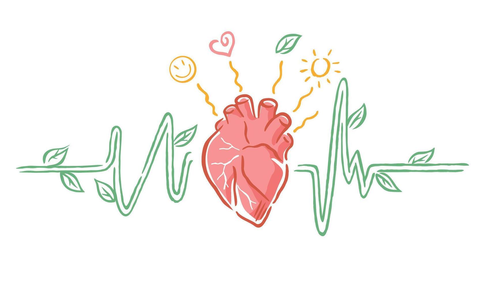 Stylized heart illustration with care waves and everyday elements. vector