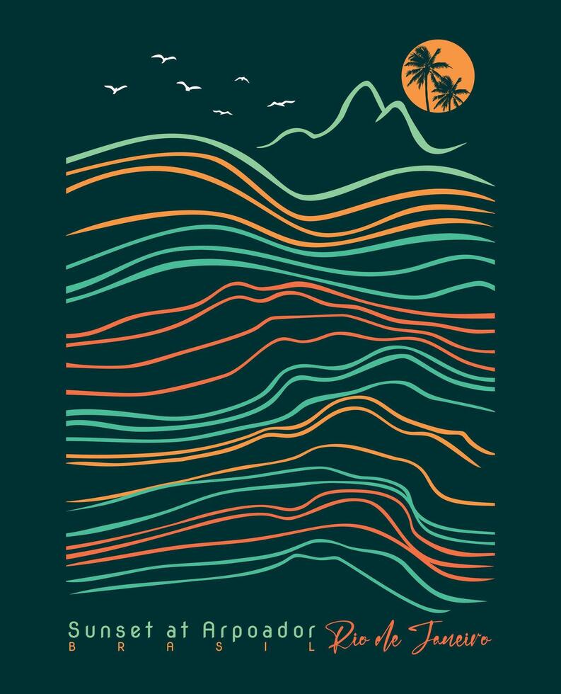 Illustration in graphic style of the sunset in Arpoador, Rio de Janeiro, Brazil. Art in simple, uncluttered lines. vector