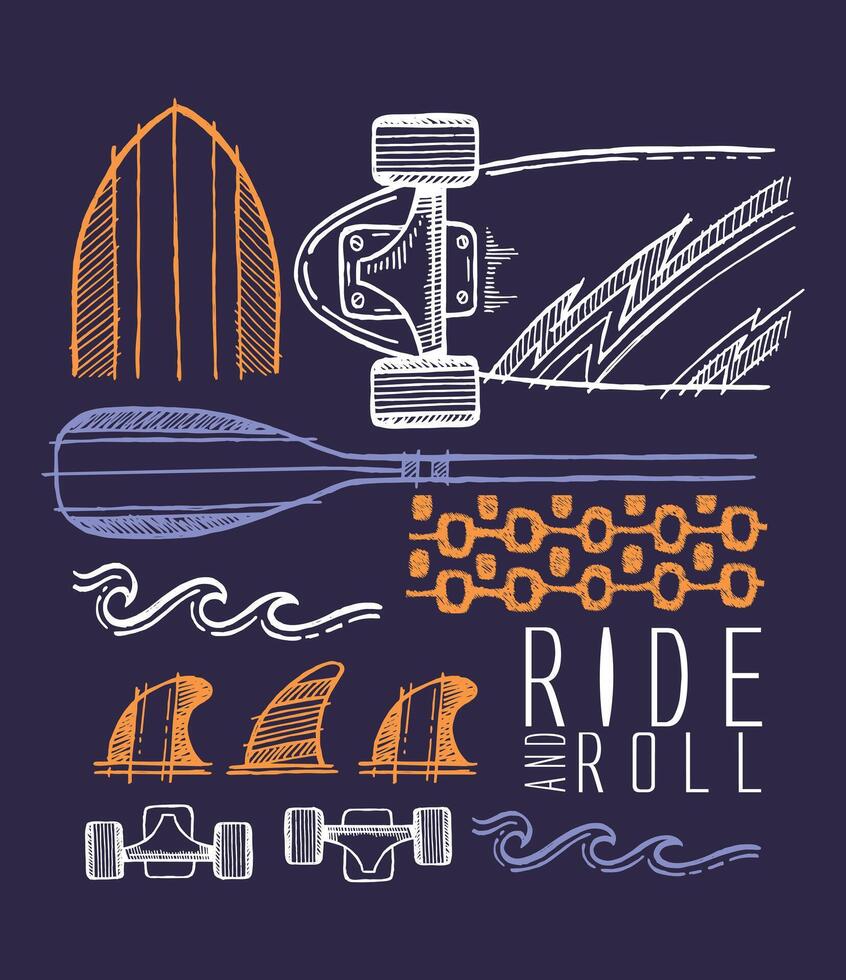 Illustration in sketch style and elements of surfing, skateboarding and paddle surfing. Art in stripped and dynamic lines. vector