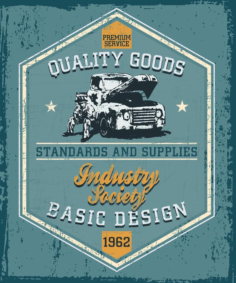 Old and worn style illustration of garage emblem with workshop and auto parts. Art with old car and lettering. vector