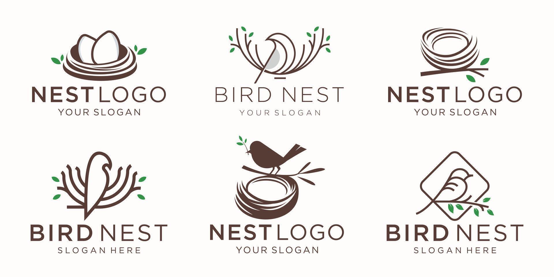 set of line illustration natural bird's nest logo with simple roots and leaves symbols. vector