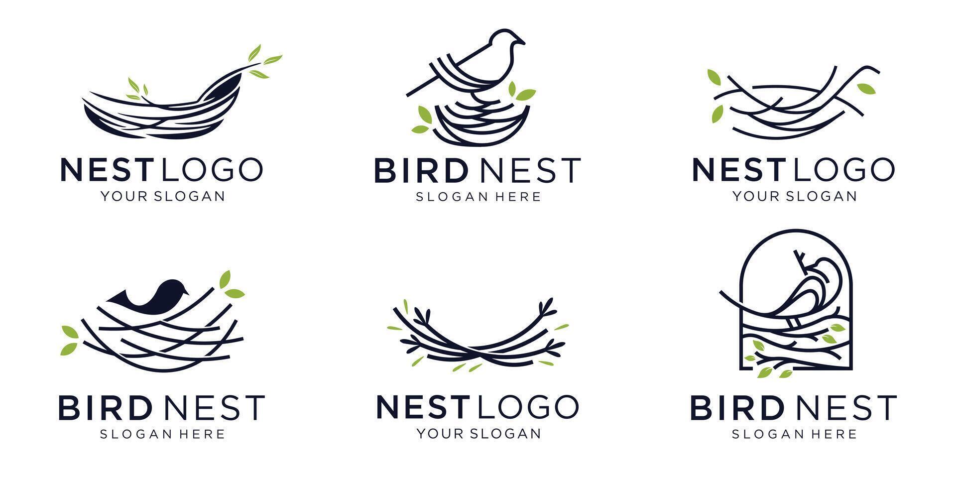 minimalist of bird's nest logo design collection. bird nest with simple roots and leaves illustration. vector