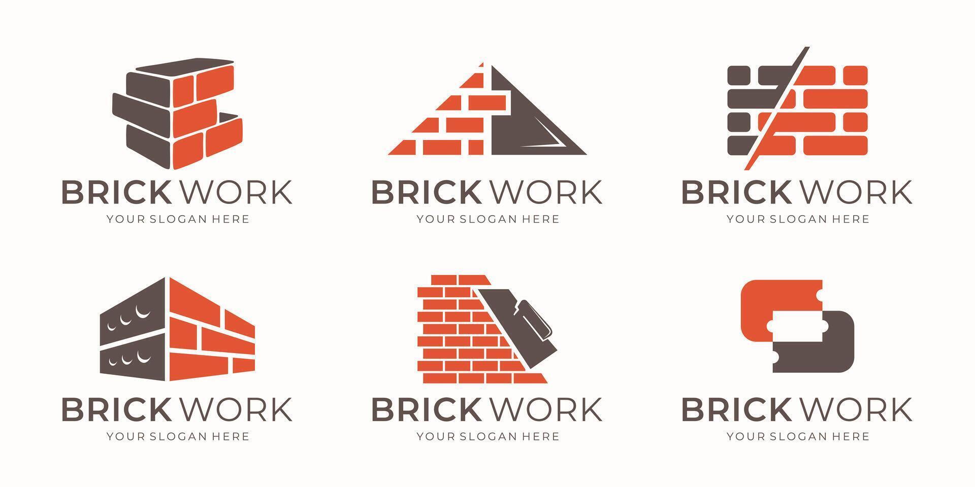 set of brick wall bricklayer logo icon symbol illustration, bundle and package of red brick works logos inspiration. vector