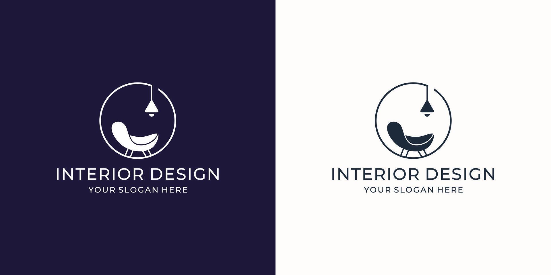 Interior minimalist room, gallery furniture circle space with chair and bulb logo design vector